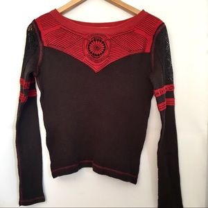Free People Black & Red Stitch Thermal Longsleeve